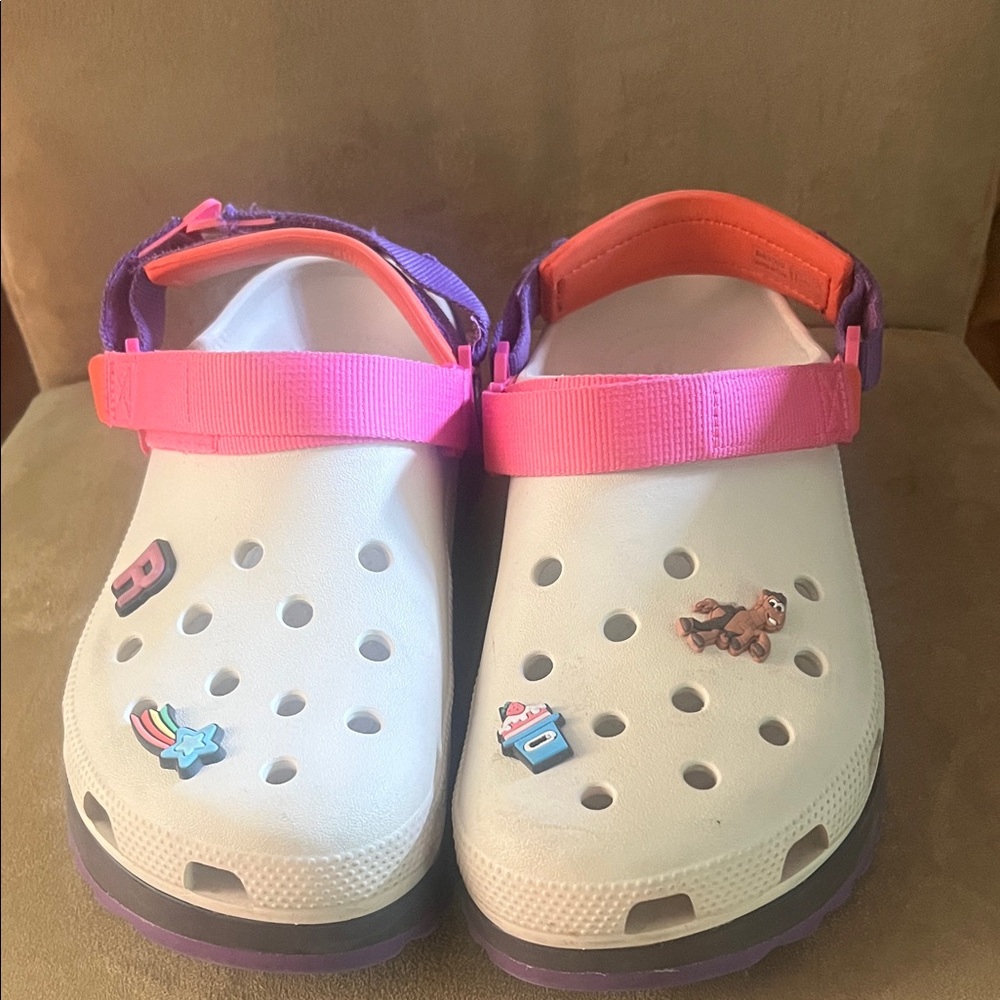 CROCS White Sandals with Pink and Orange Straps